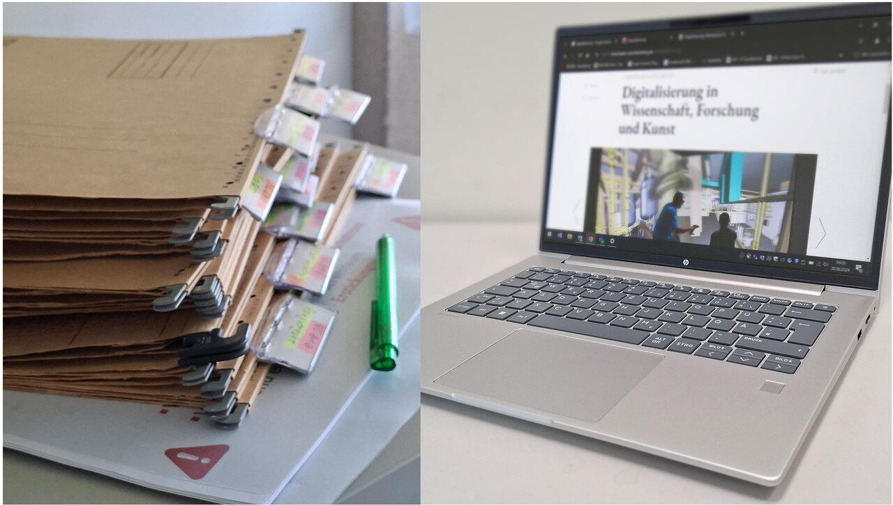 Zweigeteiltes Bild. Auf der linken Seite ein Stapel Hängeregistermappen, auf der rechten Seite ein Notebook.